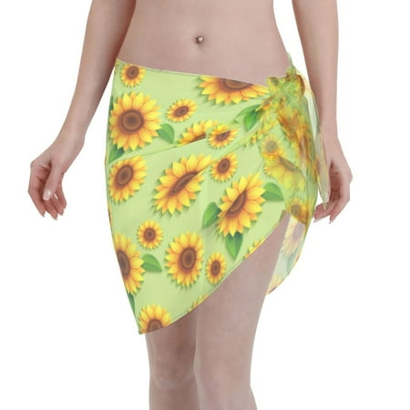 Qekee Sunflower Leaves Women s Short Sarongs Cover Ups Sheer Bikini Wraps for Swimwear