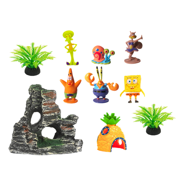 SpongeBob Aquarium Decor Set with Resin Rockery & Pineapple House - 6 Character Figures and Artificial Plants for Fish Tank