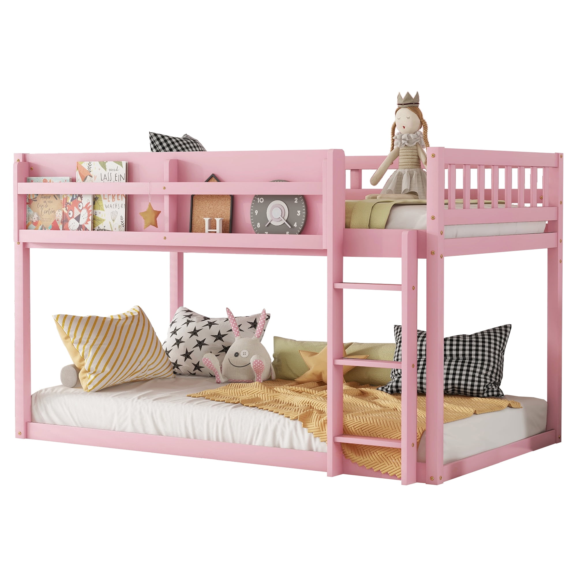 HOQBN Bunk Bed Twin Over Twin,Solid Wood Low Floor Bunk Bed with Ladder,Pink