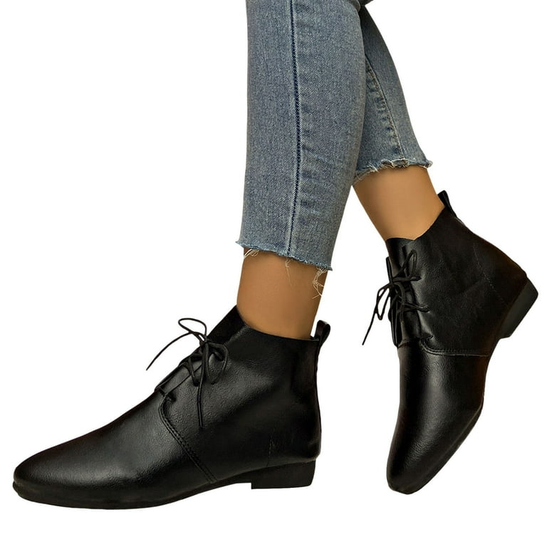 Black Ankle Boots Women Retro Solid Pointed Toe Flat Lace Up Ankle