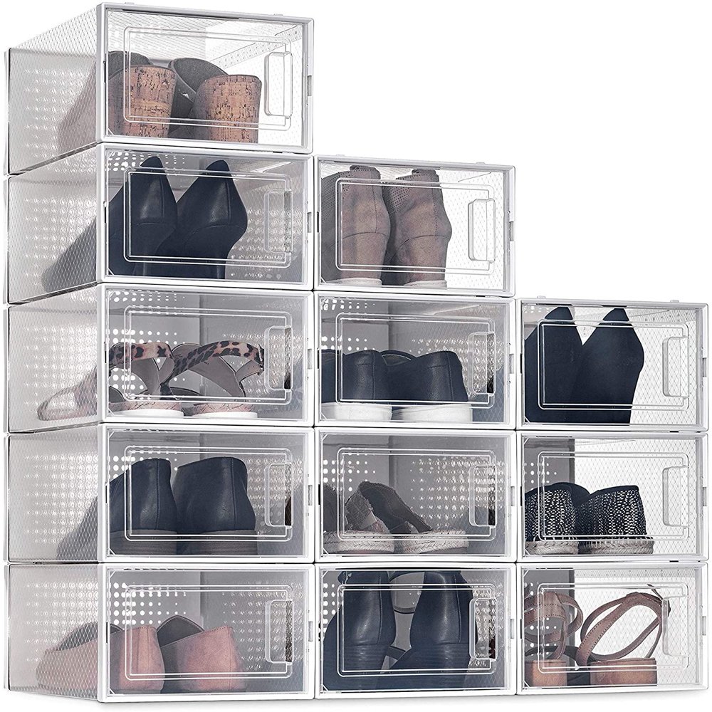 Shoe Storage Boxes Clear Stackable 12 Pack, Secret Space Shoe Organizer