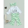 thumbnail image 2 of Baby Girl St. Patricks Day Outfits 3 6 9 12 18 Months Clover Print Romper Onesie Flared Pants Headband 3Pcs Spring Fall Clothes, 2 of 7