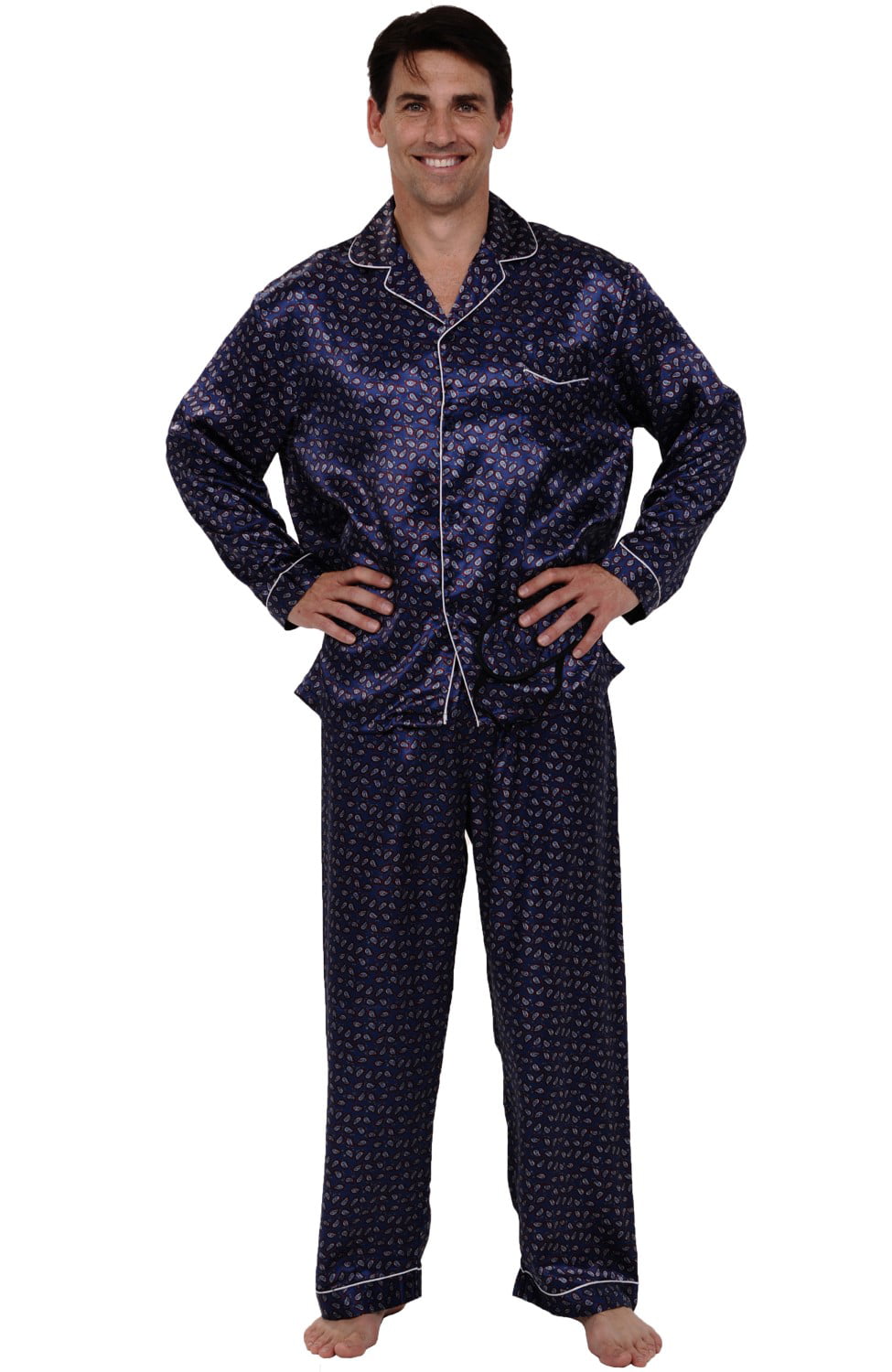 Alexander Del Rossa Mens Button Down Satin Pajama Set with Sleep Mask Long Silky Pjs