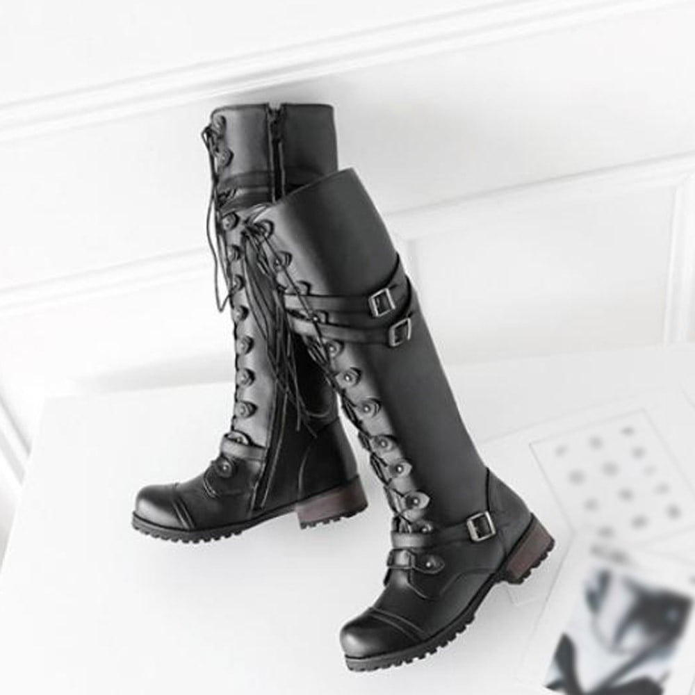 Exclusive Shoebox Womens Mid-Calf Boots Winter Knee High Calf Boots Ladies Lace Up Punk Military Block Heel Combat Army Boots
