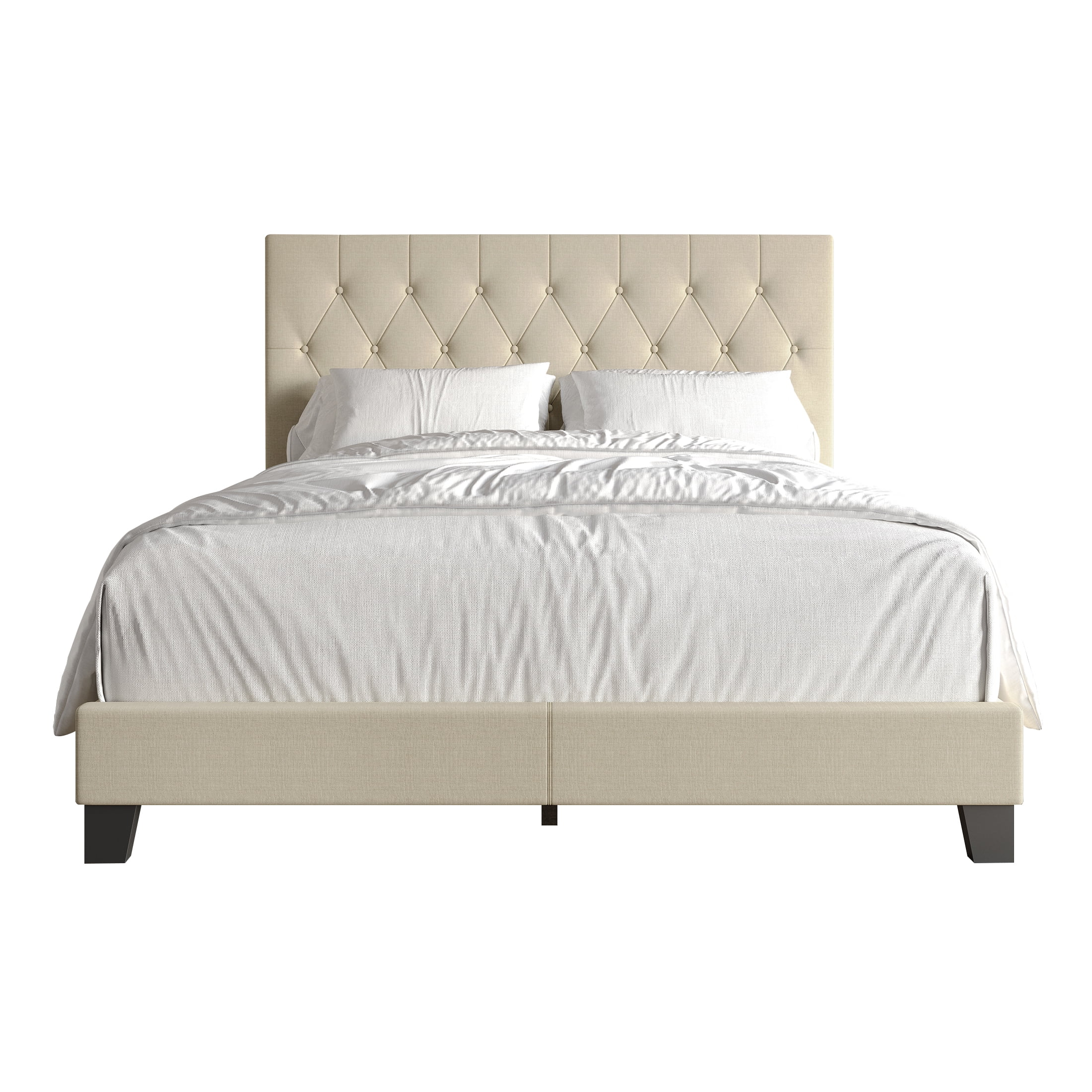 Castle Place Classic Button Tufted Linen Upholstered Bed, Beige, Full