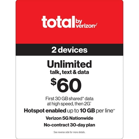 Total by Verizon (formerly Total Wireless) $60 Unlimited 30-Day 2 Lines Prepaid Plan (30GB Shared Data at High Speeds, then 2G) + 10GB of Mobile Hotspot Per Line Direct Top Up