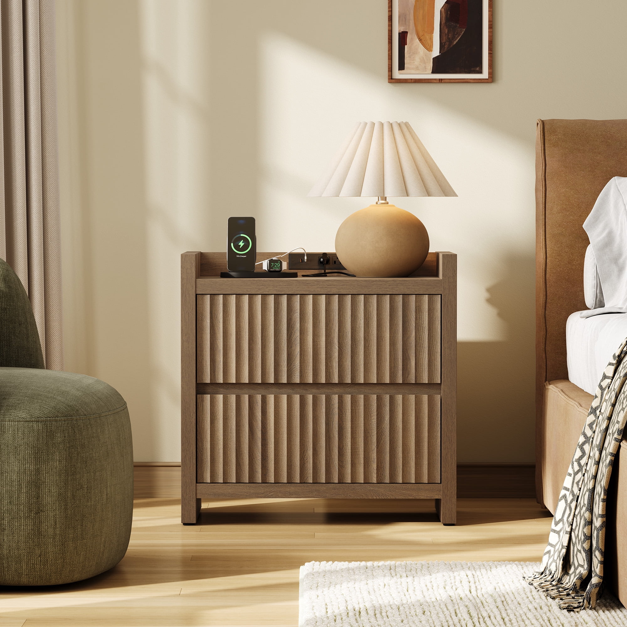 SICOTAS 25.4" Wide Nightstand Set of 2 with Charging Station, Modern Night Stand  with  2 Fluted Drawer & Handle-Less Storage Farmhouse Bed Side Table  for Bedroom, Natural Oak