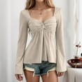 thumbnail image 2 of Long Sleeve Babydoll Tops for Women Sweetheart Neckline Peplum Tops Petite Knotted Wrap V Neck Shirts Beige L, 2 of 6