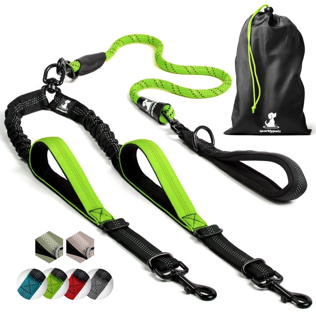 SparklyPets Double Leash for 2 Dogs – Rope Bungee Dual Leash for Medium and Large Breeds with Padded Handles & Tangle Free (Green, for 2 Dogs)