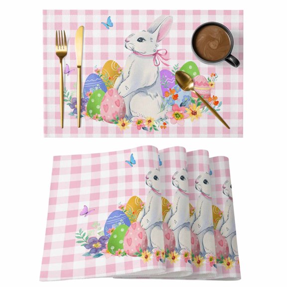 Easter Placemats Set of 8, Spring Watercolor Bunny Eggs Butterflies Pink Plaid Placemats for Dining Table, Place Mats for Kitchen Tabletop, Waterproof Wipeable Dining Table Mats Set