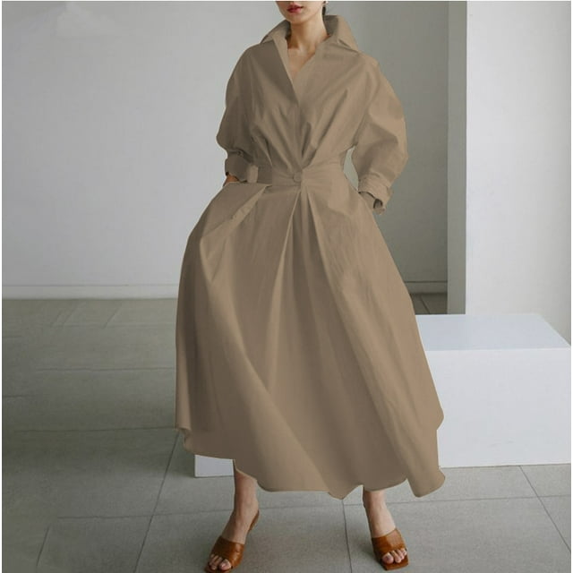 VISgogo Vestido elegante para mujer, color sólido/estampado de leopardo, manga larga, vestido camisero con cintura ceñida, S-XXXXXL VISgogo moda
