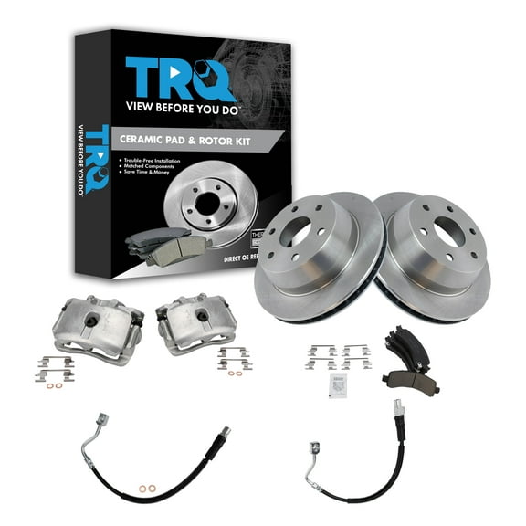 TRQ Rear Brake Pad & Rotor Kit Brake Caliper Brake Hose Brake Pads Brake Rotor Ceramic Fits Select 2003-2009 Chevrolet Express 1500 2003-2013 GMC Savana 1500