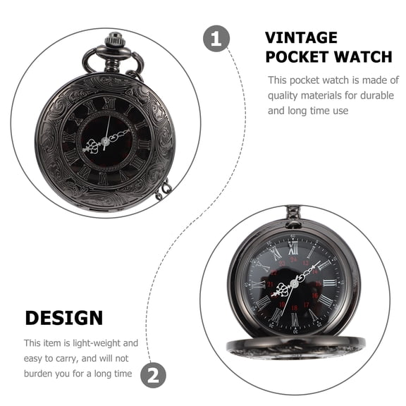OFFIGAM Vintage Black Metal Pendant Pocket Watch, Zinc Alloy Timepiece for Adults with Stylish Design