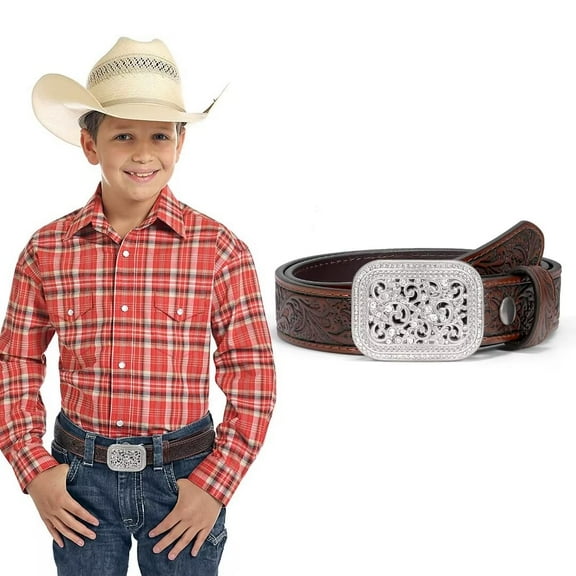 WHIPPY Kids Western Belt for Boys Girls Cowgirl Cowboy Genuine Leather Belt with Embossed Buckle