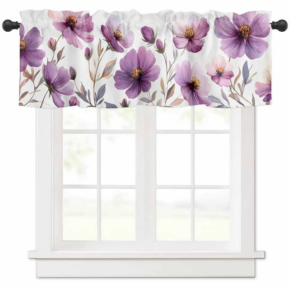 Window Treatment Valance Curtain, Watercolor Purple Flowers Spring Plants Shade Short Curtain for Kitchen Bathroom Living Room Bedroom Privacy Rod Pocket Drapes 54" W x 18" L 1 Panel