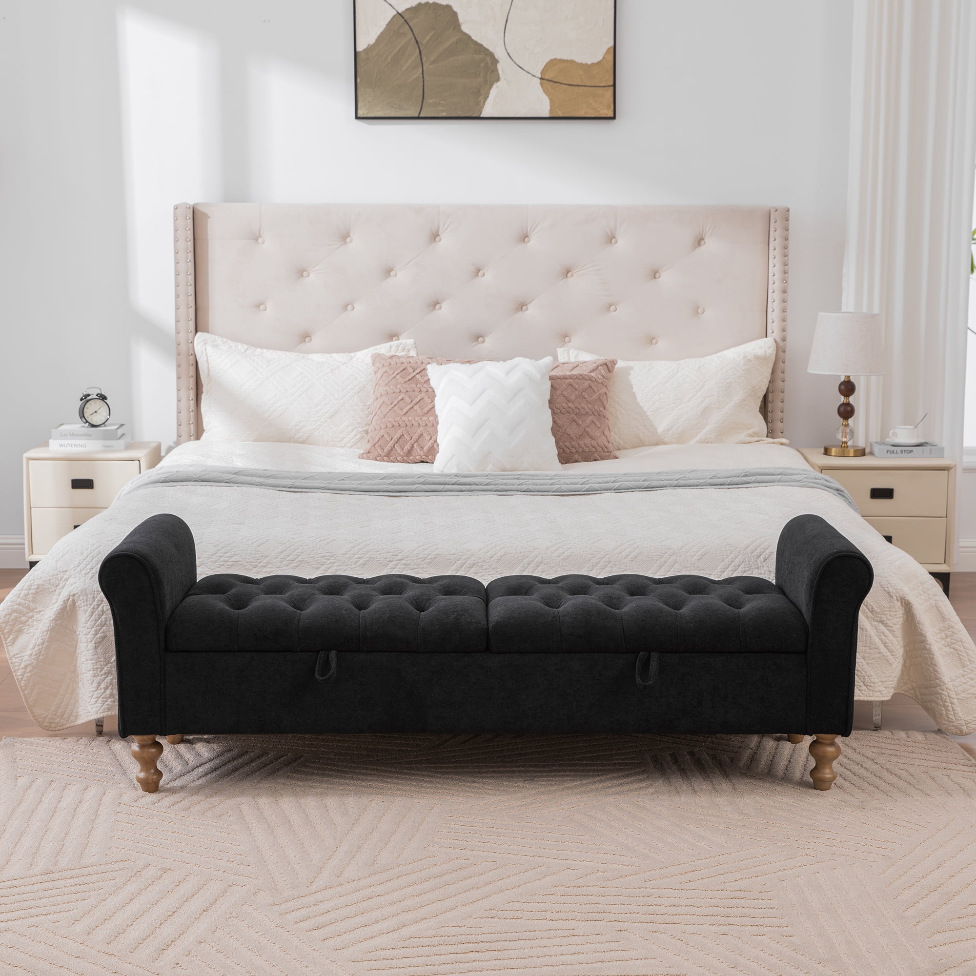 65.75" Wide Modern Upholstered Storage Bench With Double Lids