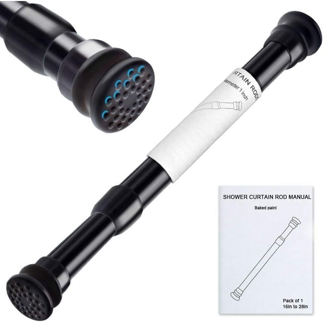 Strong Small Tension Rods 16 to 28 Inch Diameter 22 MM 1Pcs 1inch Shower Curtain Rod Black, Anti-slip -Heavy Duty Adjustable Spring Tension Rod for Windows,Bathroom