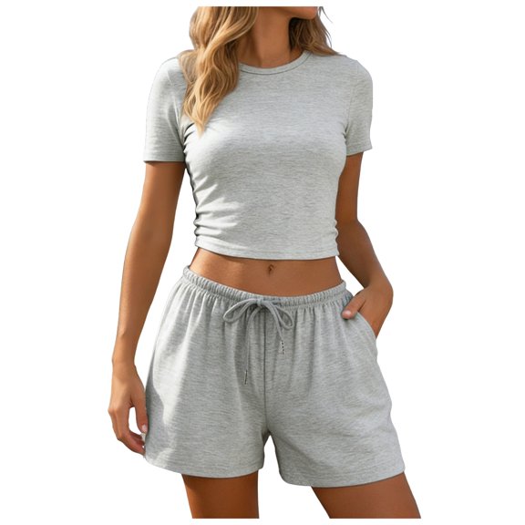 RFQWOVSR Womens Ribbed Knit Short Sleeve Top and Drawstring Shorts 2 Piece Set Side Split Casual Summer Lounge Outfits S