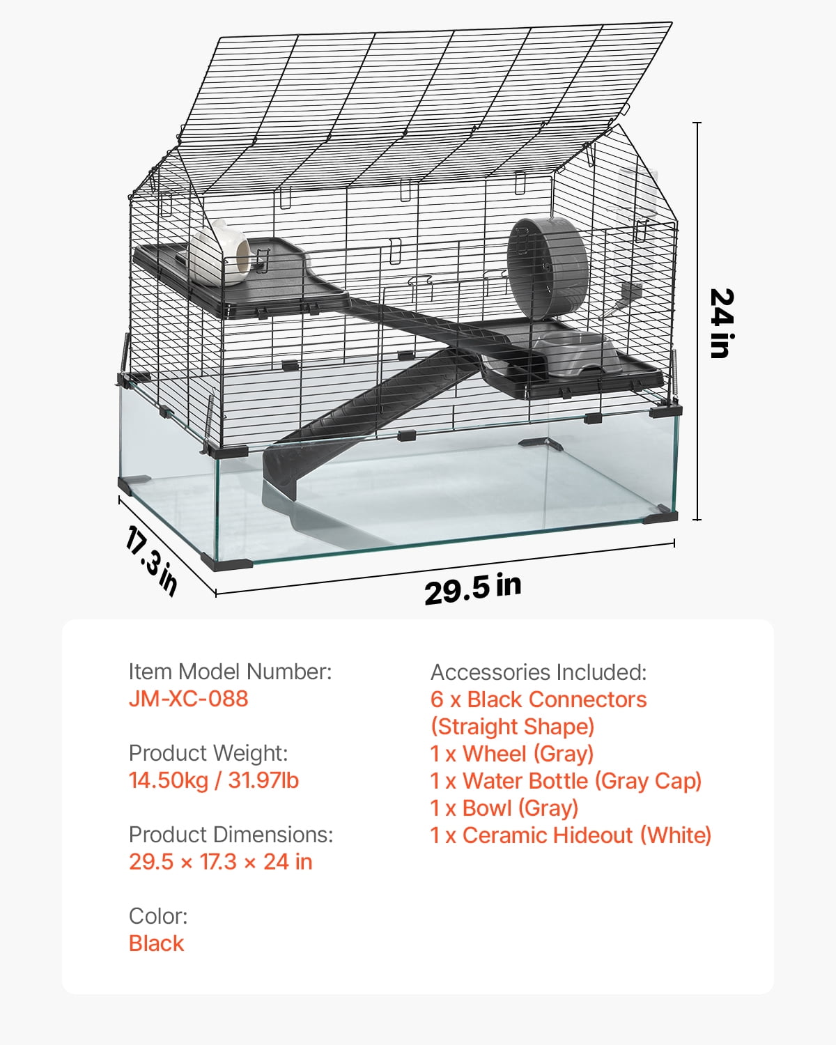 VEVOR Hamster Cage, 360° Viewing Transparent Hamster Habitats, Small Animal Cage, 29.5 x 17.3 x 24 in, Ventilated Pet Mouse Cages with Water Bottle, Portable Hamster House for Rats, Guinea Pigs