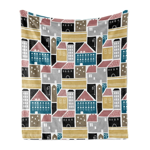 City Soft Flannel Fleece Throw Blanket, Cartoon Animated Pattern of Colorful Scandinavian Old Town Houses on Plain Backdrop, Cozy Plush for Indoor and Outdoor Use, 70" x 90", Multicolor, by Ambesonne