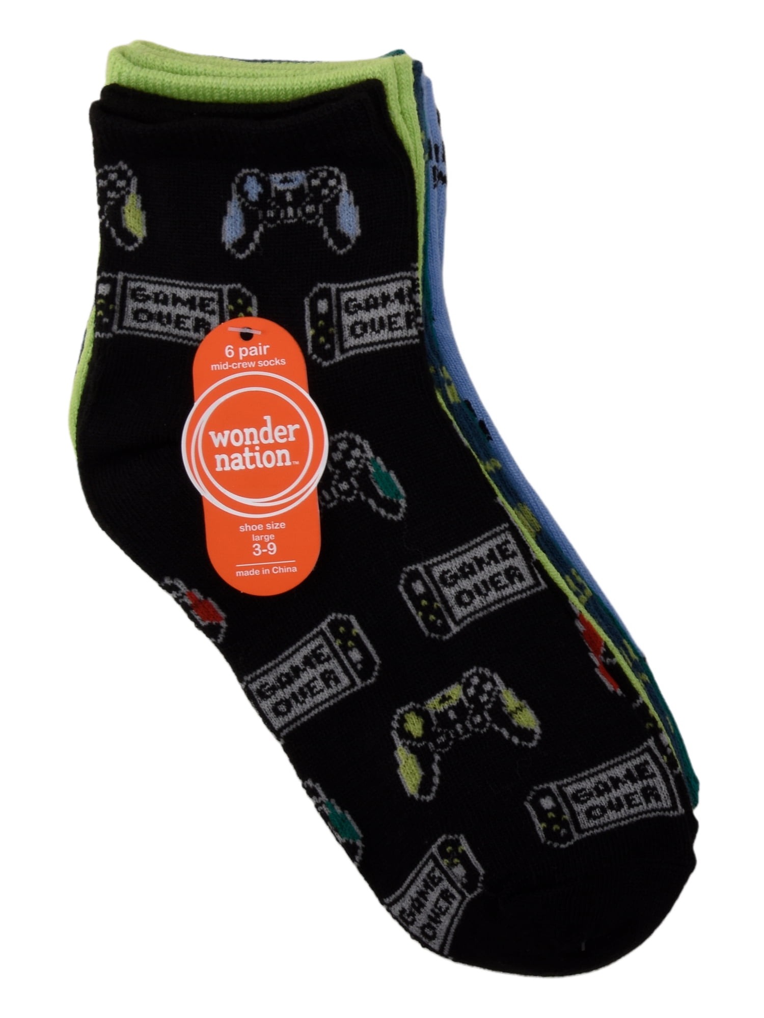 Wonder Nation Mid Crew Graphic Socks, 6-Pack Boys Shoe Size S (4-8.5) - L (3-9)