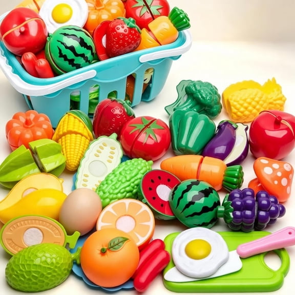 Kids Cutting Play Food Pretend Kitchen Toys Set, Toddler Cuttable Fruits Vegetables Toy, Educational Fine Motor Skills Toy, Birthday Gift for Toddler Boys Girls Ages 3 4 5 6 Years Old