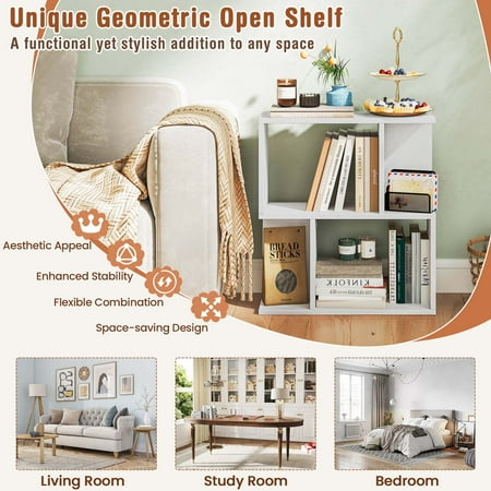 Costway 1 PCS 3-Tier Bookshelf Geometric Bookcase Side Table with Open Storage Display Shelf - White