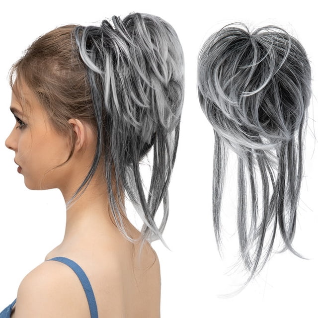 Xiao Hua Moño desordenado, extensión de moño, banda elástica, moño rizado, coletero para mujer, puntas grises y blancas.