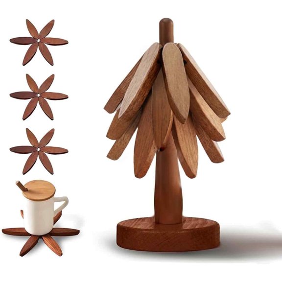 Wooden Trivets for Hot Dishes - Heat Resistant Hot Pads for Kitchen, Tree Shaped Wood Trivet Set of 4 with Stand, Walnut Wooden Kitchen Accessories for Pots and Bowls