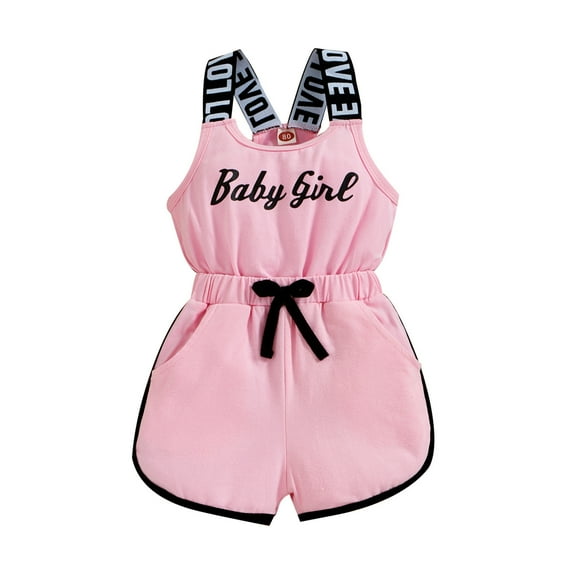 Ulitacool Girls Onesie Summer Sleeveless Romper Letter Prints Jumpsuit Clothes Adorable Daily Wear 2-3 Years Pink
