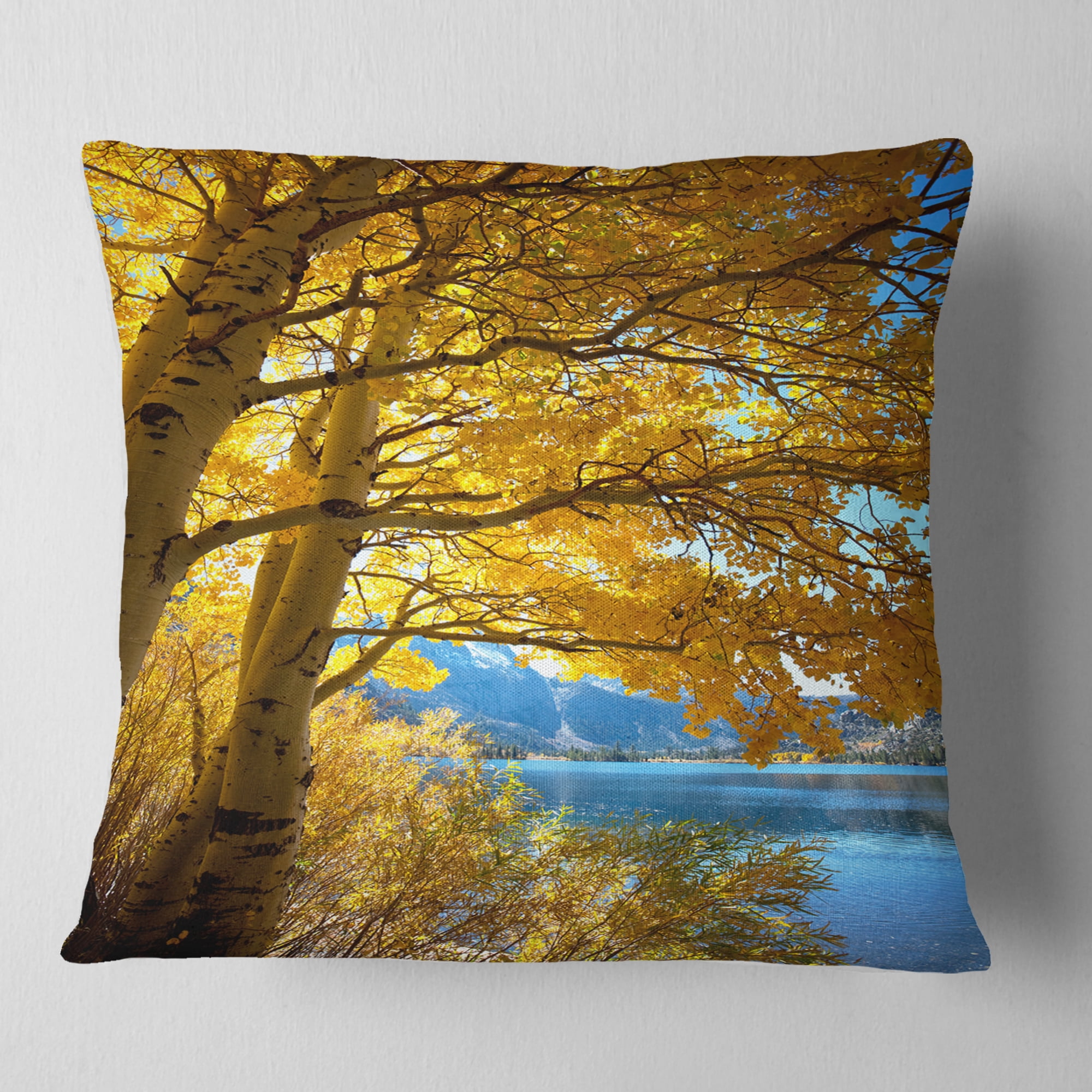 Designart Bright Yellow Autumn Tree - Landscape Printed Throw Pillow - 18x18