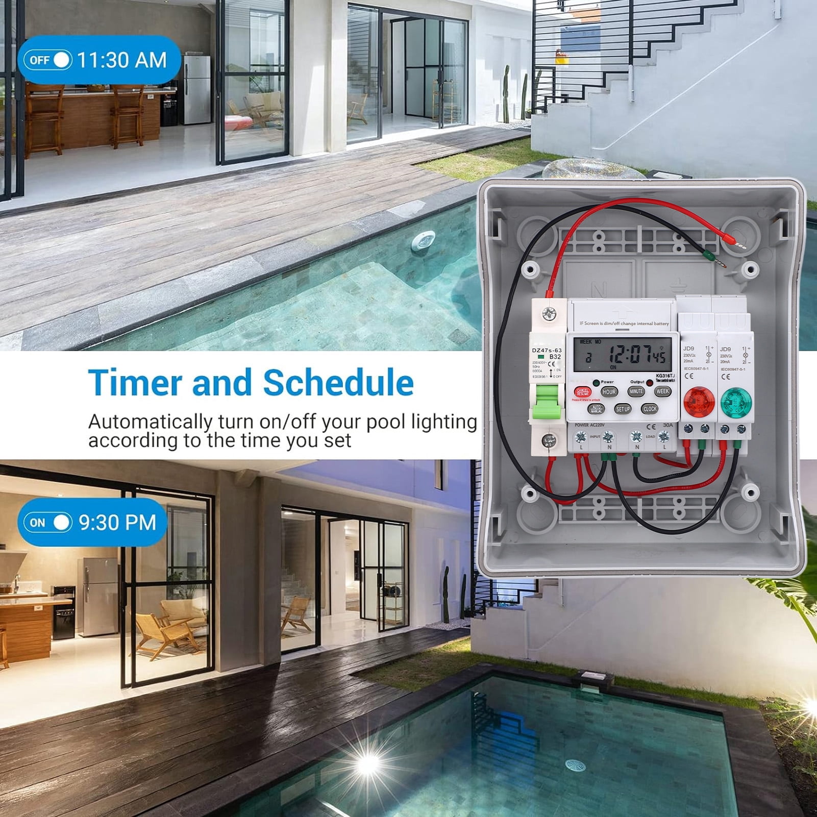 YAHHU Outdoor Waterproof Distribution Box 32A Electrical Time Control Switch Programmable Digital Timer Box Weatherproof Box for Street Light Pump 230V AC (20x18x12 cm / 7.87x7.09x4.72 Inches)