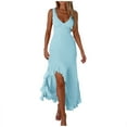 thumbnail image 2 of Tumotour Summer Tank Dress for Women Maxi Dress Women's Sexy Fashion Slim V-neck Ruffled Slit Dress, 2 of 9
