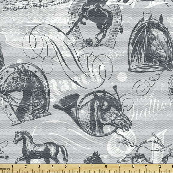 Ambesonne Grey Fabric by the Yard Upholstery, Horse Royal Animal Retro, 3 Yards, Grey White