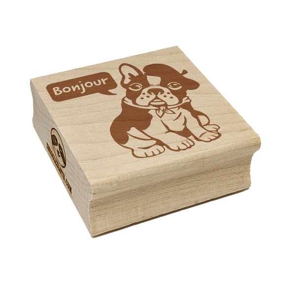 Bonjour French Bulldog with Beret and Bandana Square Rubber Stamp Stamping Scrapbooking Crafting - Small 1.25in