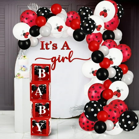 Syhood 88 Pcs Ladybug Theme Baby Shower Decorations for Girl Balloon Boxes Cake Topper Balloons Ladybug Backdrop Balloon for Ladybird Birthday Baby Shower Gender Reveal Party Supplies E11