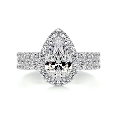Blue Jewel Pear Cut Halo Bridal Engagement Ring with Three Eternity Bands – 1.9 Ct Lab-Created Simulated Diamond – 14K White Gold Plated – Gorgeous Women’s Ring for Proposals and Weddings