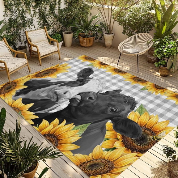 Sunflower Cows Outdoor Rug for Patio/Deck/Porch, Non-Slip Large Area Rug 4 x 6 Ft, Farmhouse Floral Watercolor Botanical Plaid Indoor Outdoor Rugs Washable Area Rugs, Camping Rug Carpet Runner