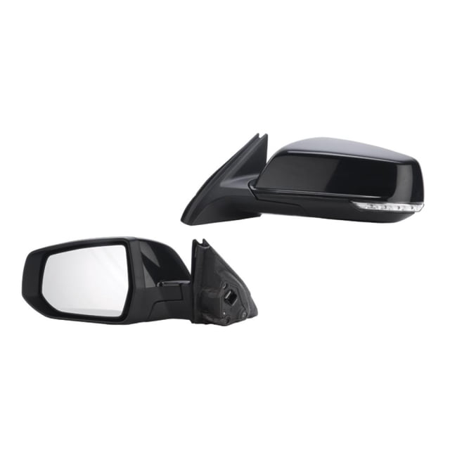 espejo polyway chevrolet malibu 2013 - 2015 izquierdo Reflejante lateral izquierdo para Chevrolet Malibu 2013-2015 en negro, carcasa lisa para pintar, señal direccional integrada, conexión eléctrica y desempañante; se muestran vistas frontal y trasera.