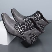 Men's Western Vintage Style Ankle Boots, Pointed Toe Cowboy Boots with Leopard Print, Floral Print Side-Zip Boots, Block Heel Dress Boots for Men