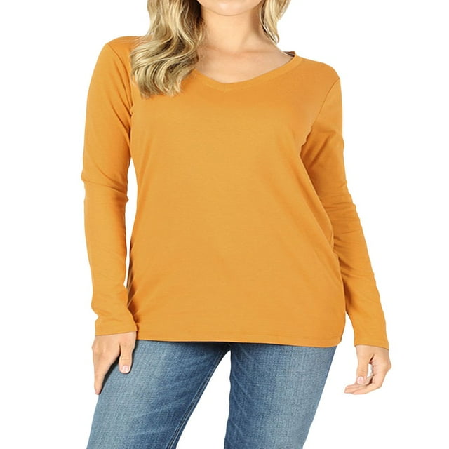 CHUANK Femmes et Grande Taille T-shirt de Base en Coton Coupe Décontractée Col en V Manches Longues Uni Actif Décontracté (S-3X)