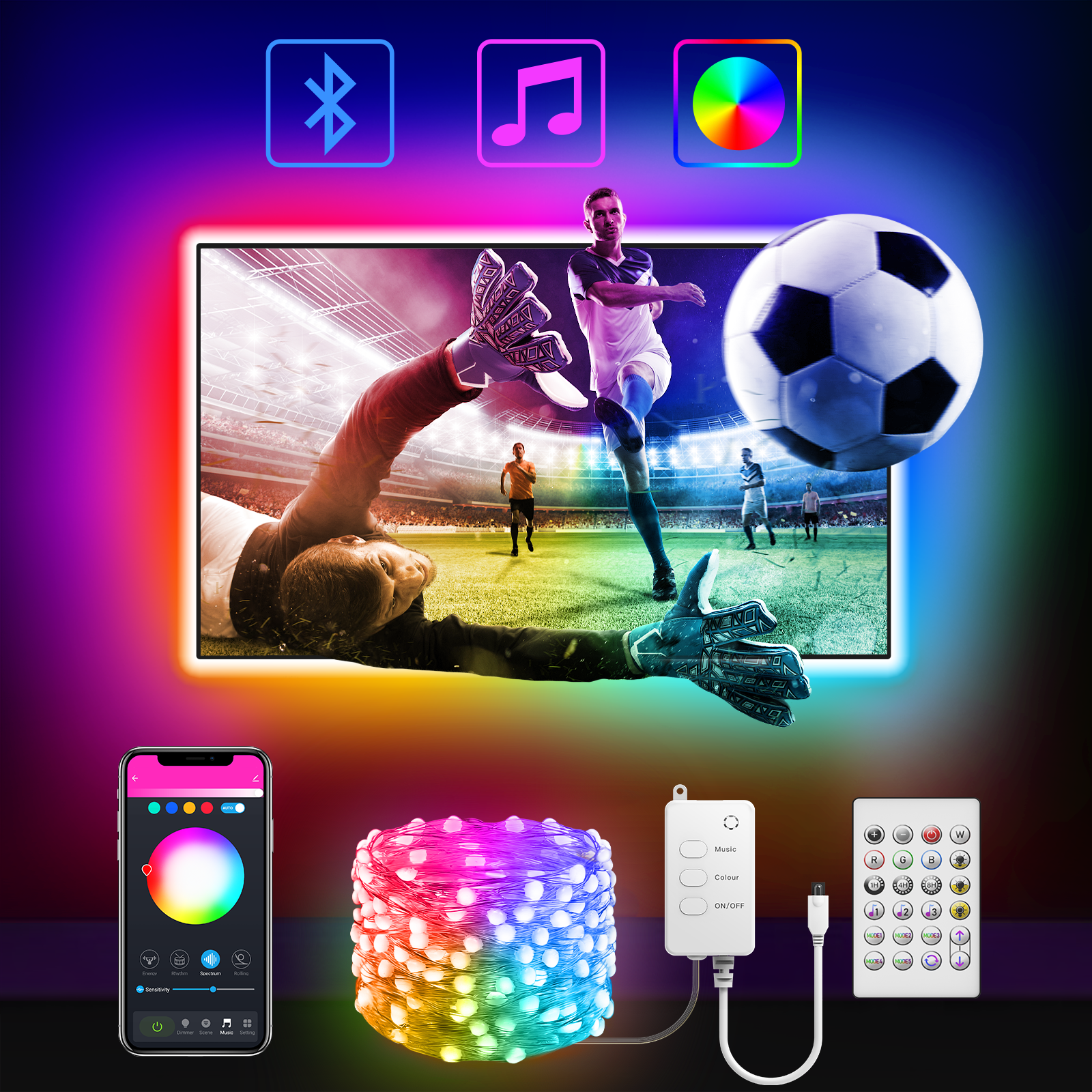 RGB LED Strip Lights Tv Led Backlight for 40-60 inch Tv Bluetooth App 6.5ft 