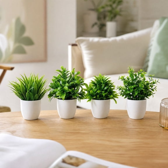 Artificial Potted Plants, Mini Fake Plants in White Pots, 4 Pack Faux Greenery Set with Different Leaf Styles, Faux Herb Decor for Home Kitchen Tabletop Office Shelf Photography