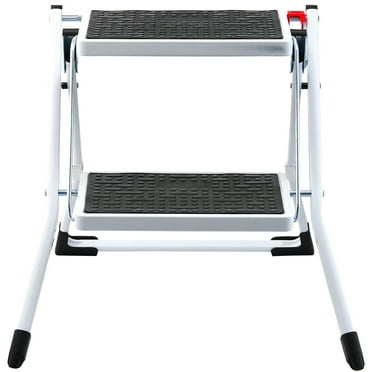 Two Step Foldable Step Stool - Sturdy, Non-Slip, Holds 330 Lbs, Folds Flat For Storage (Black/White)