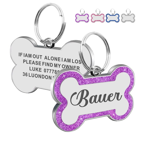 Dog Tag - Personalized Dog Tags and Cat Tags,Glitter Pet Name ID Tags, Bone Shaped Multi-Color,Custom Text Double Sided Engraved