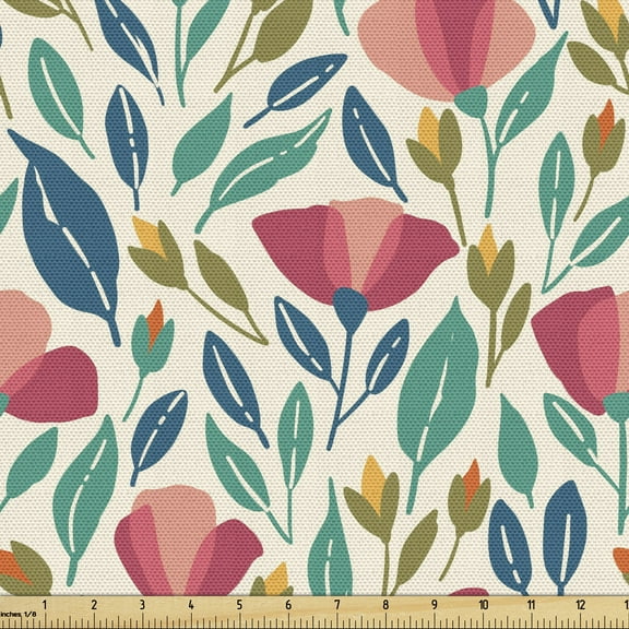 Ambesonne Poppy Flower Fabric by the Yard Upholstery, Colorful Spring Garden, 2 Yards, Multicolor