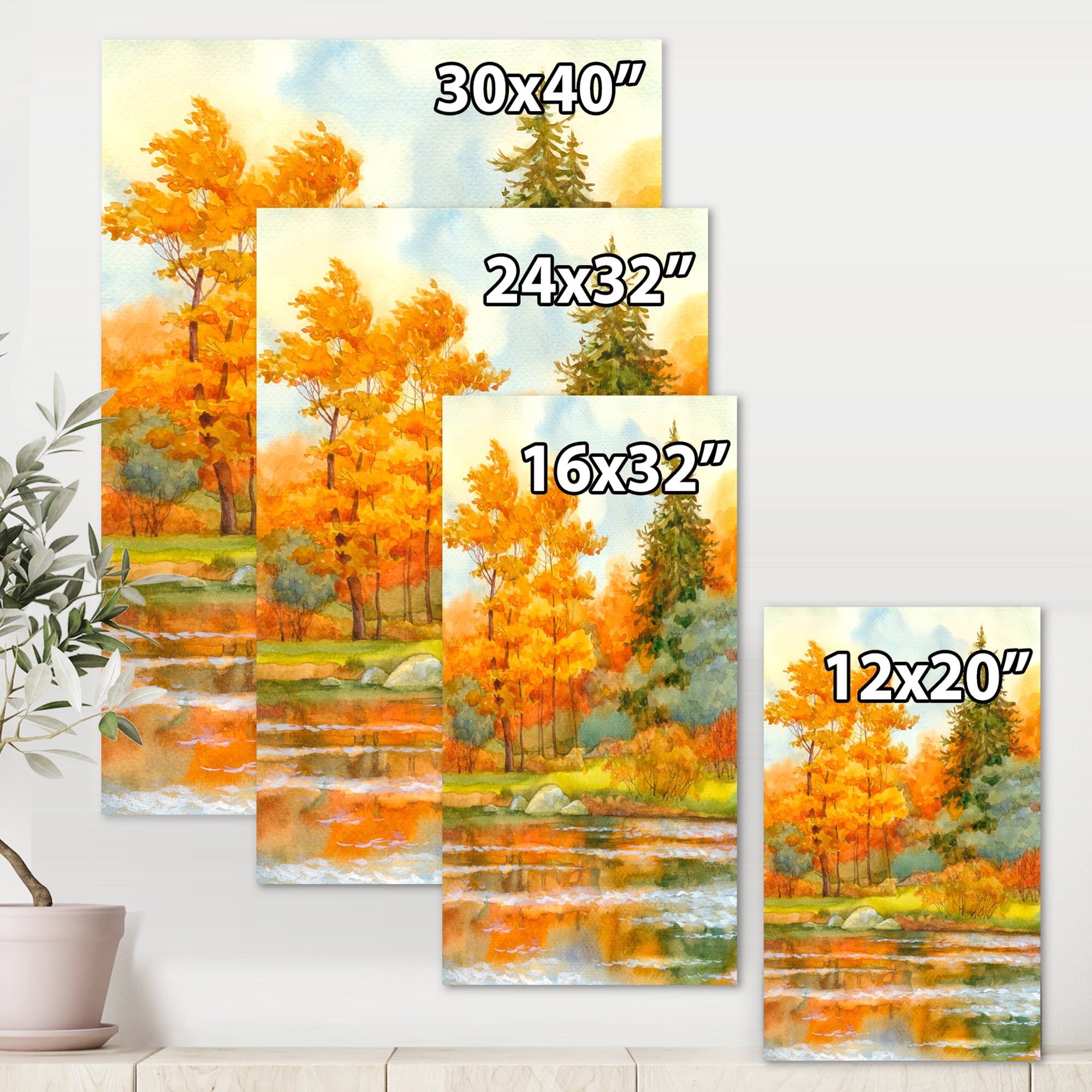 Designart ' Autumn Forest By The Lake Side IV ' Lake House Canvas Wall Art Print