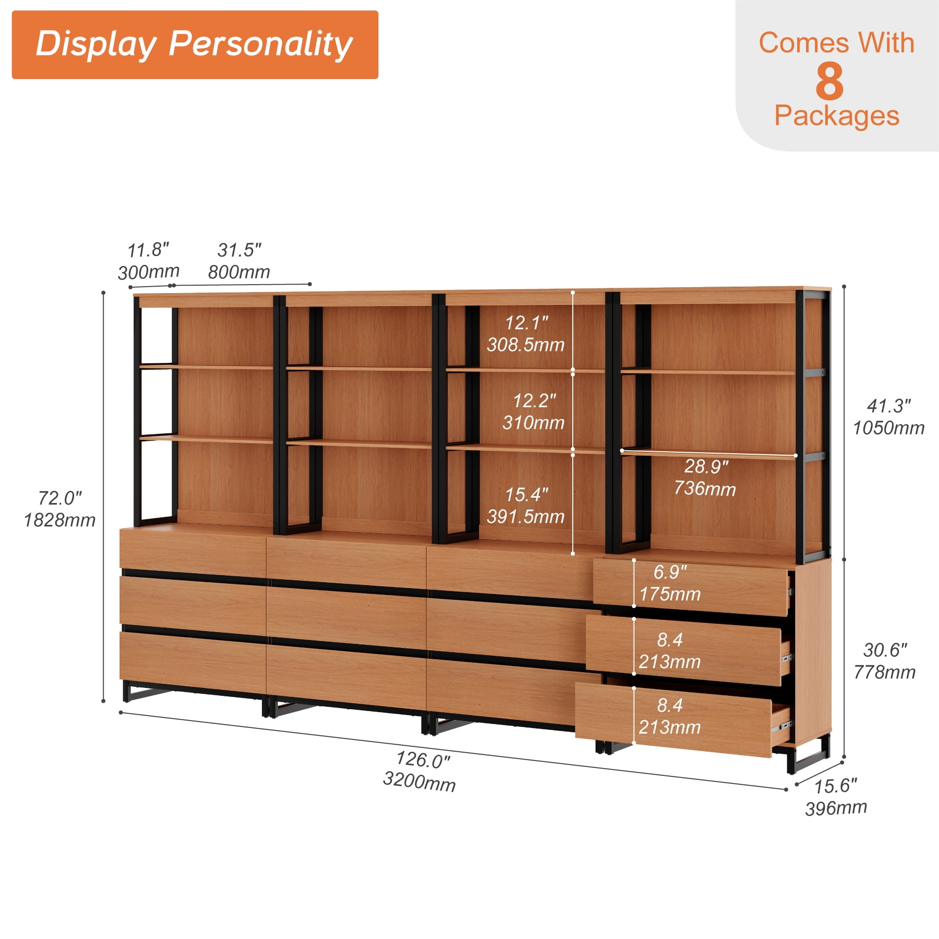 WAMPAT 4 PCS Modern 72" Tall Bookcase with 12 Drawers and Open Book Shelfs, Library Book Shelf with Storage Cabinet and Metal Base, Wood Freestanding Bookshelves for Home Office, Living Room, Mocha