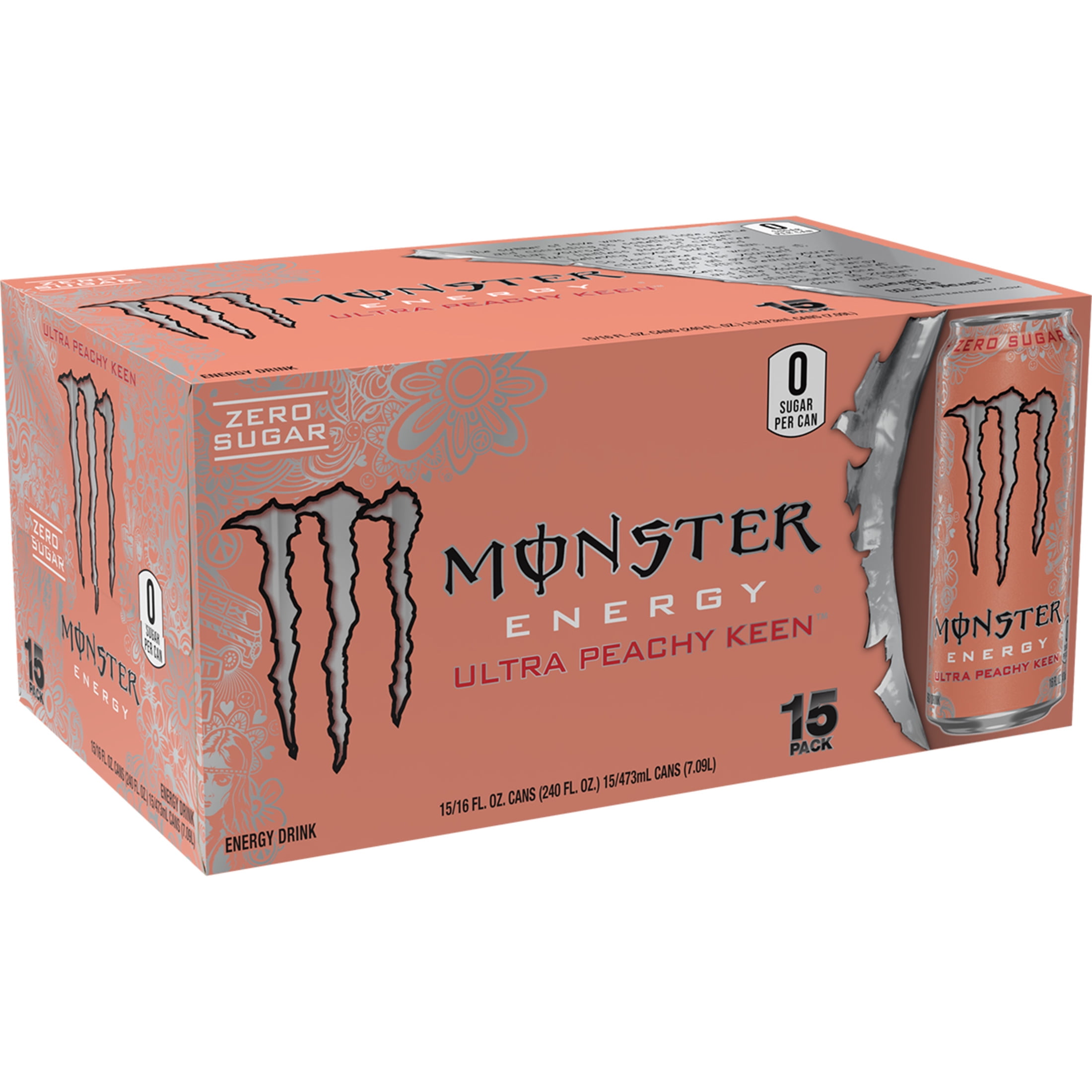 Monster Energy Ultra Peachy Keen Energy Drink, Zero Sugar, 15-Pack, 16 Oz Cans