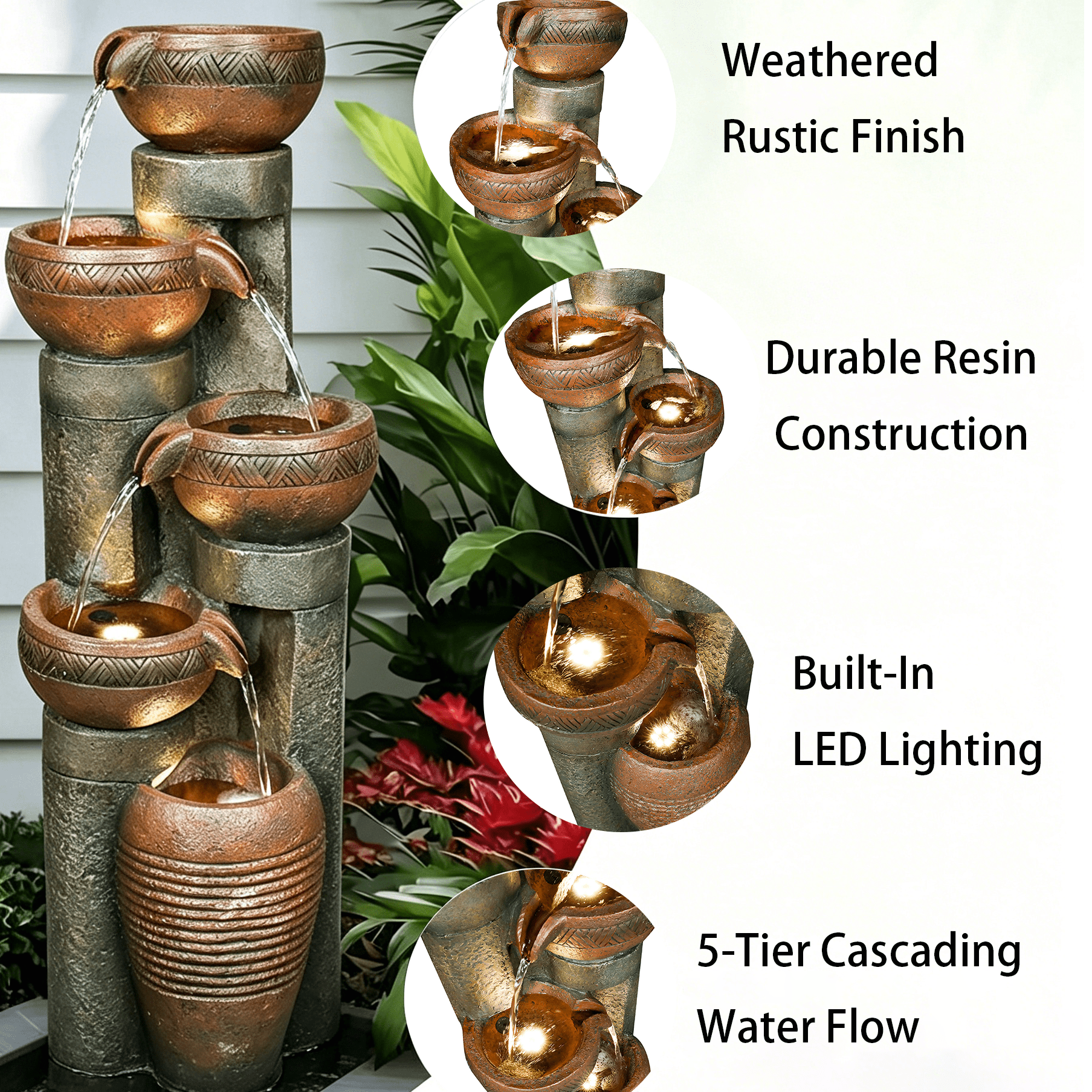 Tammesy 5-Tier 39.7" Outdoor Waterfall Fountains with LED Lights, for Home  Patio Garden Decor